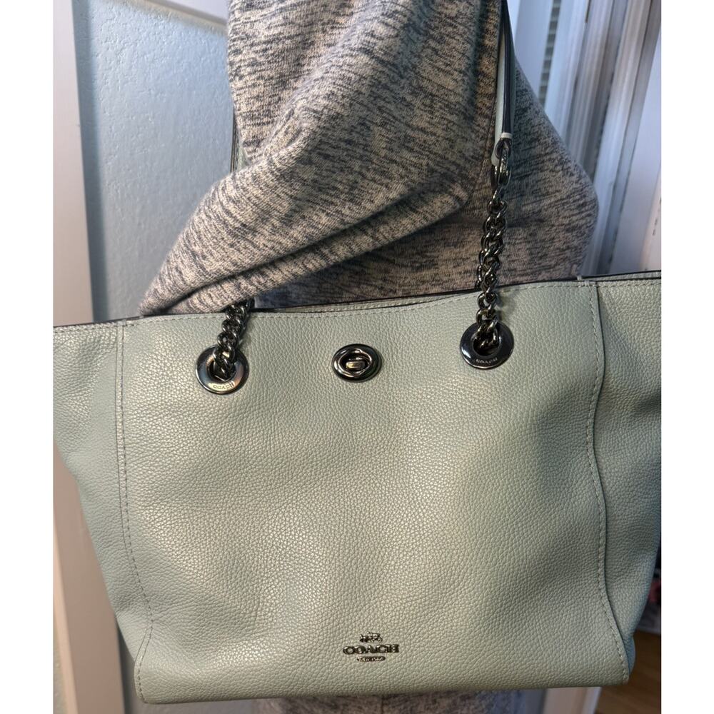 Coach Light Blue Pebbled Shoulder Bag with Chain, Logo, Turn Lock & Tag Accent - Picture 6 of 13